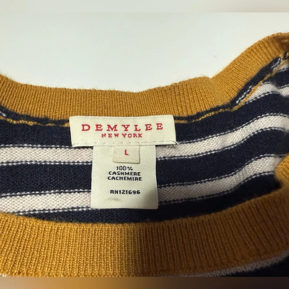 Demylee New York Cashmere Striped Sweater | Navy Ivory Breton | Mustard Trim